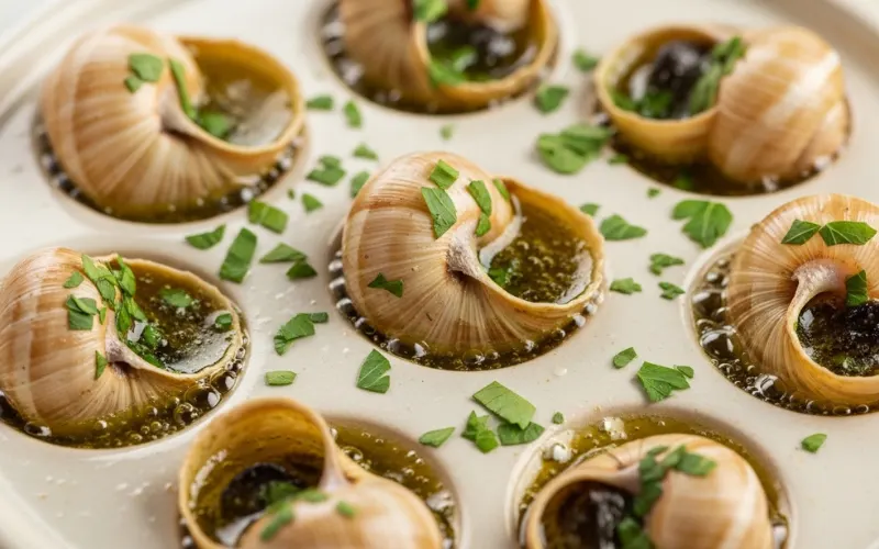 Escargot in garlic butter with parsley, served in traditional dish, close-up food photography.
