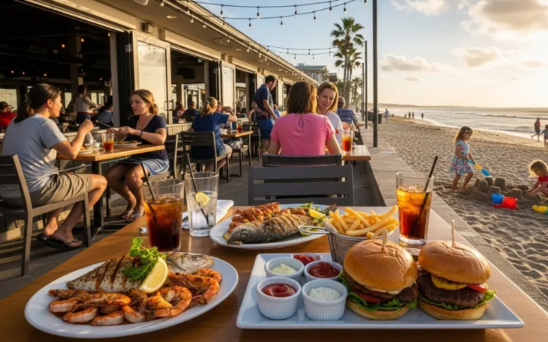 Family restaurant near beach, kids playing, outdoor dining, seafood and burgers on table