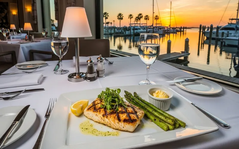 Upscale waterfront restaurant at marina, grilled gulf fish plate, sunset view, elegant dining, coastal Alabama