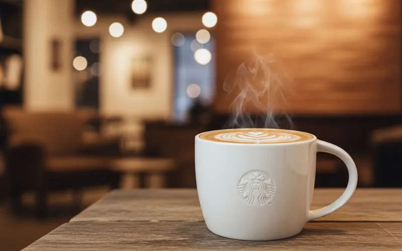 Hot Starbucks Flat White in a white cup, creamy microfoam with latte art, warm cozy coffee shop background.