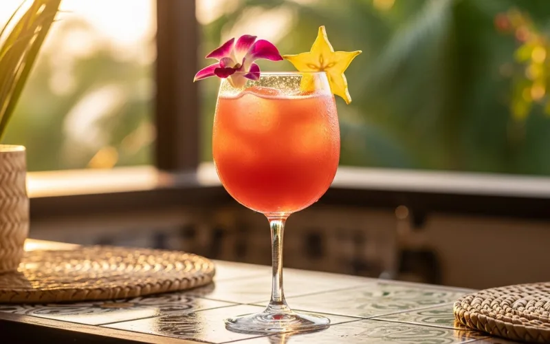 Tropical Macua cocktail with Flor de Cana rum, guava and citrus juices in elegant glass, tropical bar setting