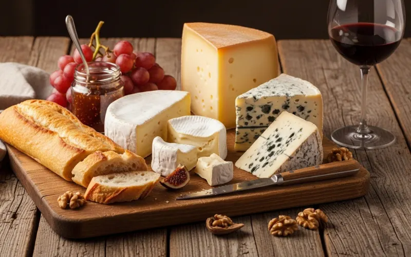 French cheese board, comté, camembert, roquefort, baguette, rustic table, wine glass, artisan style.