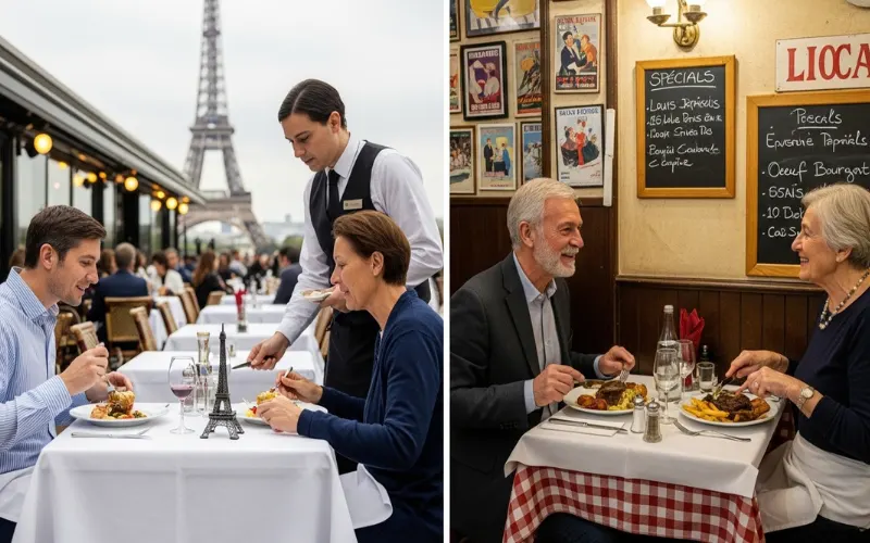 tourist eating near Eiffel Tower overpriced restaurant vs local bistro comparison, split scene.