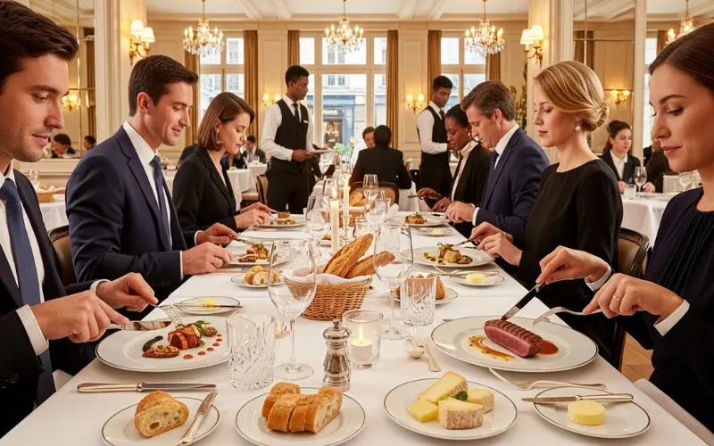 French dining etiquette scene, bread on table, multi-course meal, elegant restaurant setting.