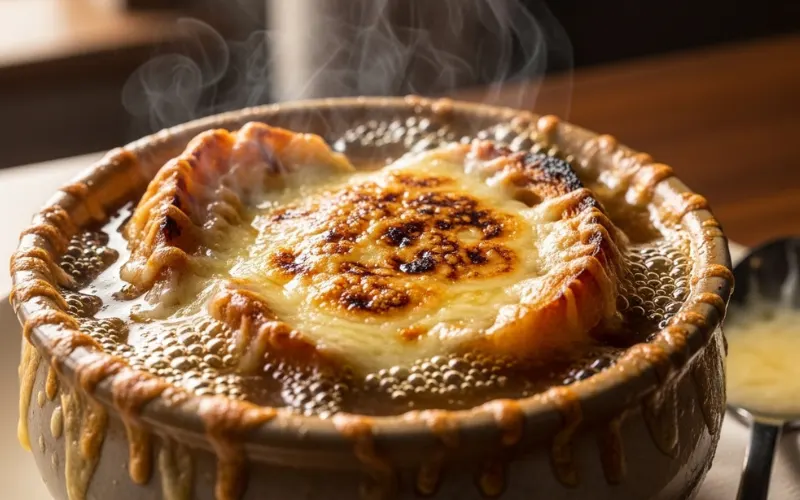 Hot French onion soup with melted cheese topping, bubbling surface, cozy winter lighting.