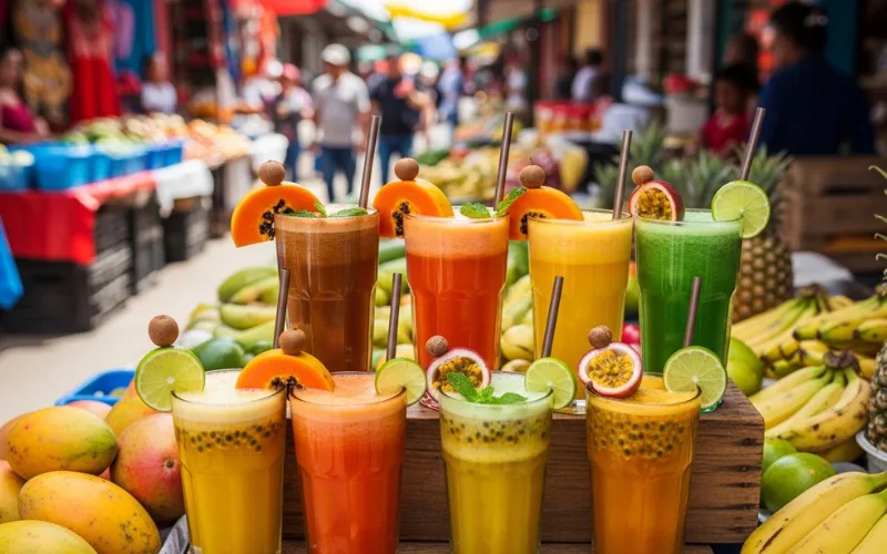 Traditional Nicaraguan fresh fruit drinks including tamarind, papaya and passion fruit juices in colorful glasses