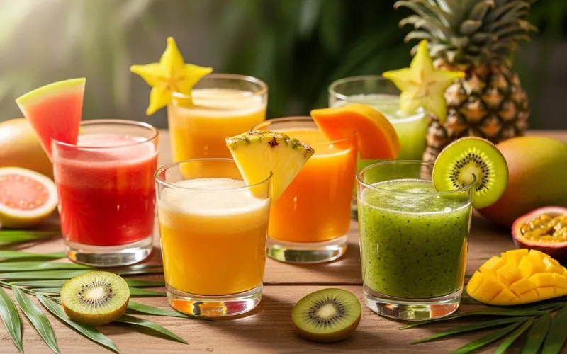 Colorful tropical fruit juices in glasses, bright natural light