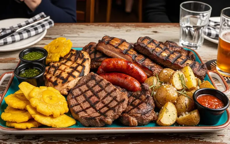 Mixed grilled meats platter with plantains and potatoes, casual dining scene