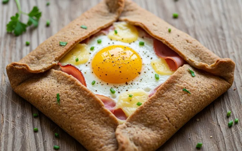 Buckwheat galette with egg, ham and cheese, rustic wooden table.