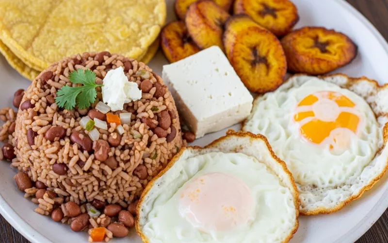Close-up plate of gallo pinto rice and red beans with fried eggs, plantains