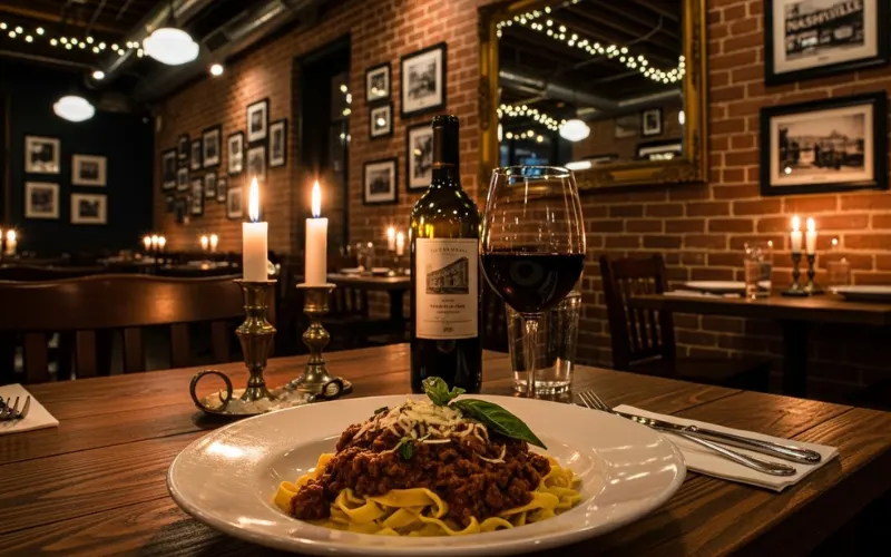 “Historic brick building restaurant in Germantown Nashville, pasta dish and wine, cozy candlelight dinner”