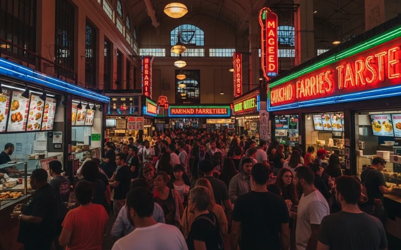 “Grand Central Market Los Angeles interior, historic food hall, neon signs, crowded food stalls, cinematic lighting, travel photography”