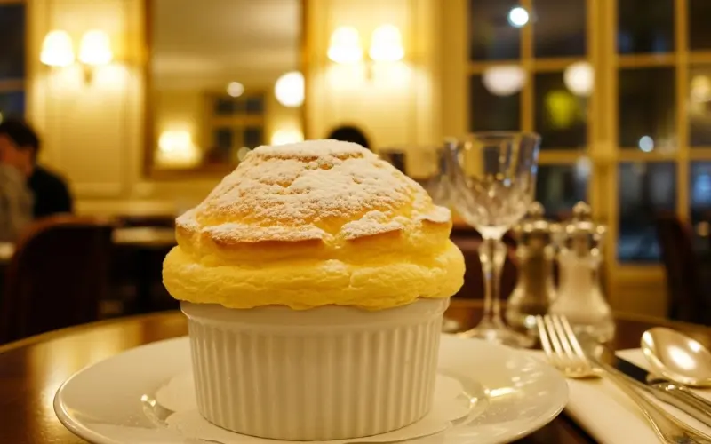 Grand Marnier soufflé, golden risen dome, powdered sugar, elegant Paris bistro setting.