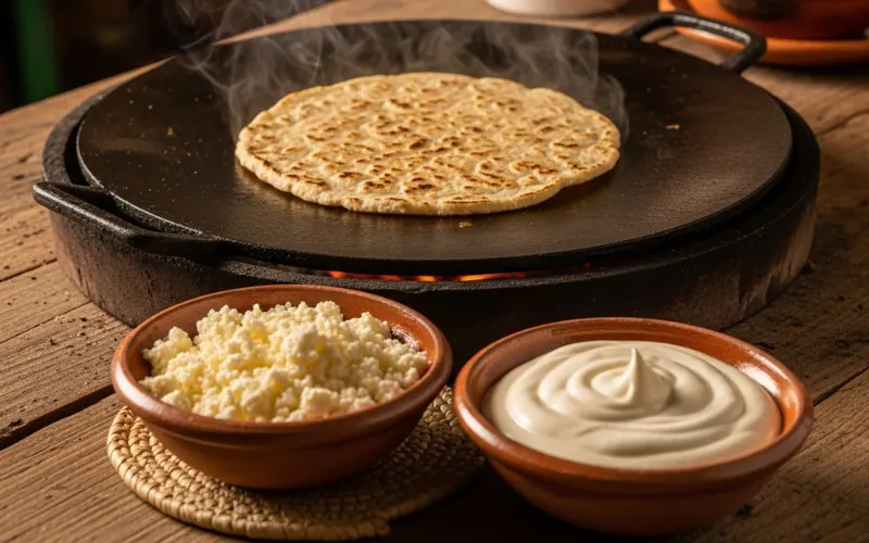 Fresh guirila sweet corn tortilla cooking on flat comal griddle, served with cuajada cheese and sour cream, rustic wooden table