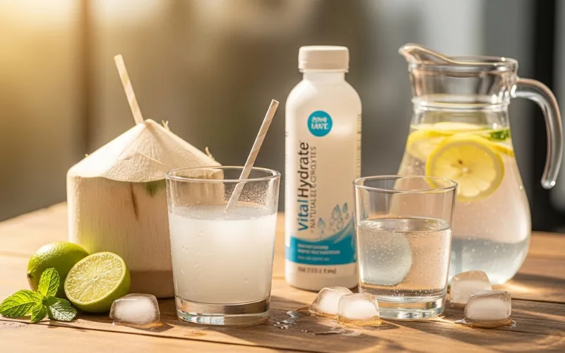Coconut water, electrolyte drink, and water glass on table, healthy alternatives