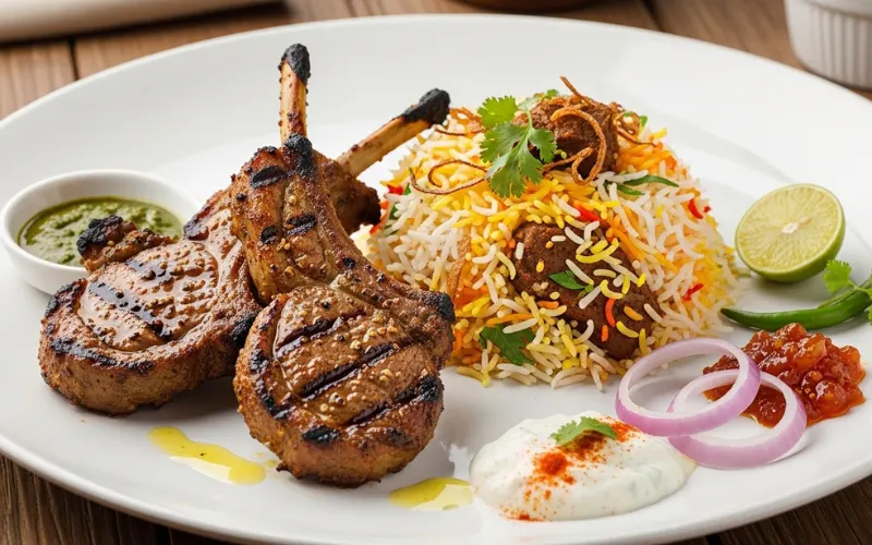 “Lamb chops, biryani, Indo-Pak food plating”
