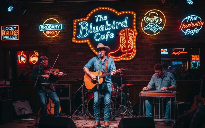 “Nashville honky tonk bar, live country music, neon signs, fried bar food and beer on table, lively atmosphere”