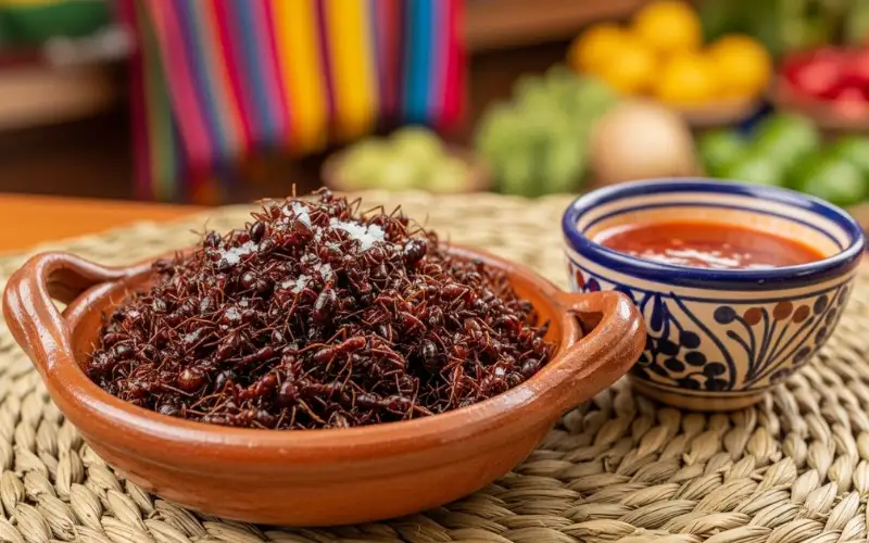 Toasted edible ants served in small dish, traditional Colombian snack