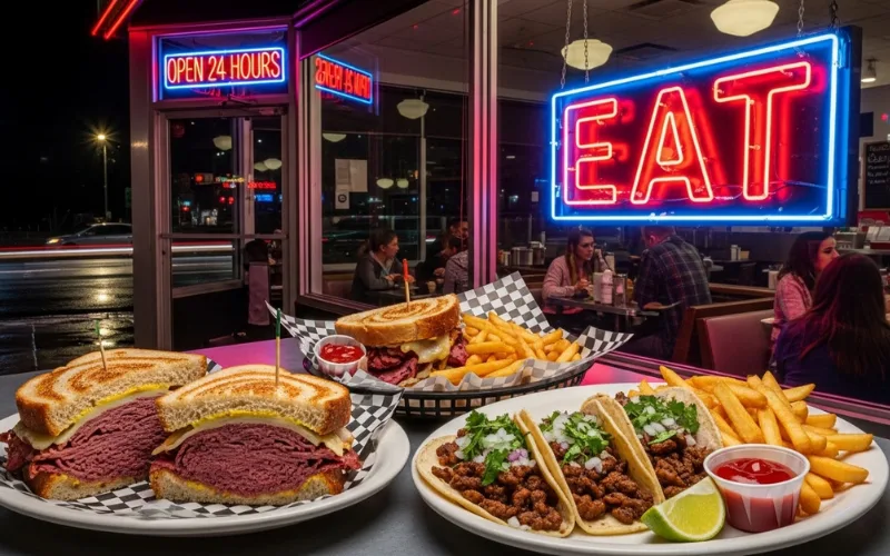 “Late night diner food, neon lights, sandwiches and tacos”