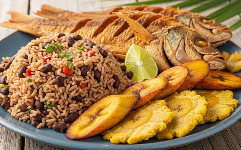 Caribbean style gallo pinto cooked with coconut milk served with fried fish