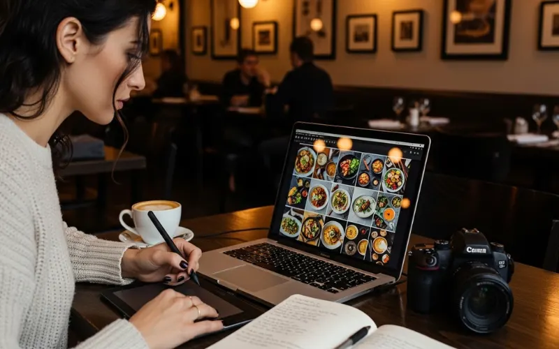 “Food blogger working on laptop with food photos, coffee, notebook, restaurant background”