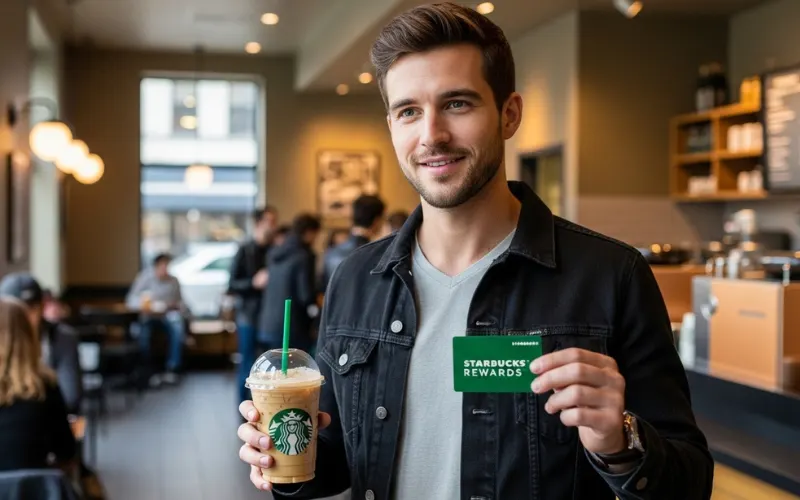 Man in a Starbucks café holding an iced coffee and a Starbucks Rewards card.