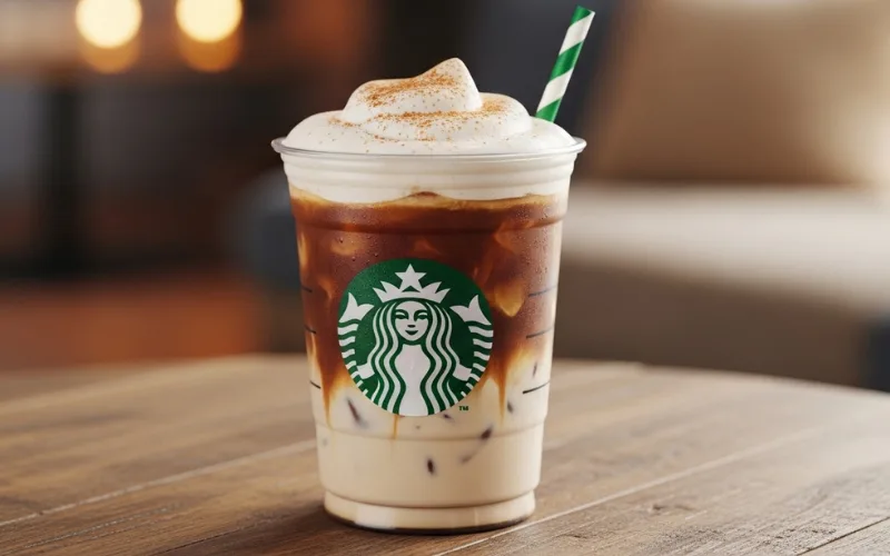 Iced Starbucks Brown Sugar Oatmilk Shaken Espresso in a clear cup, cinnamon sprinkles, oat milk foam,.