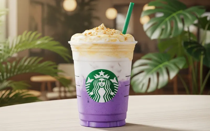 Starbucks Iced Ube Coconut Macchiato in clear cup, purple ube, toasted coconut foam on top.