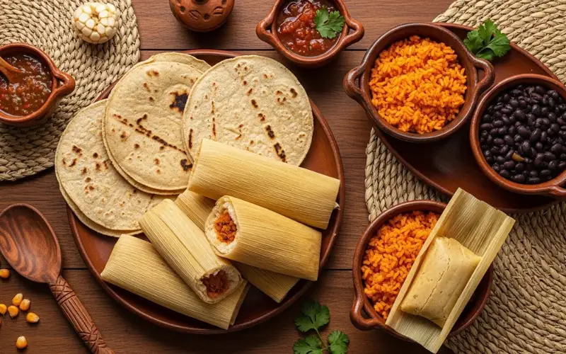 Traditional corn tortillas, tamales, rice and beans with rustic clay dishes on wooden table