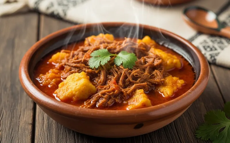 Traditional corn stew Indio Viejo with shredded beef, tomatoes and achiote in rustic bowl