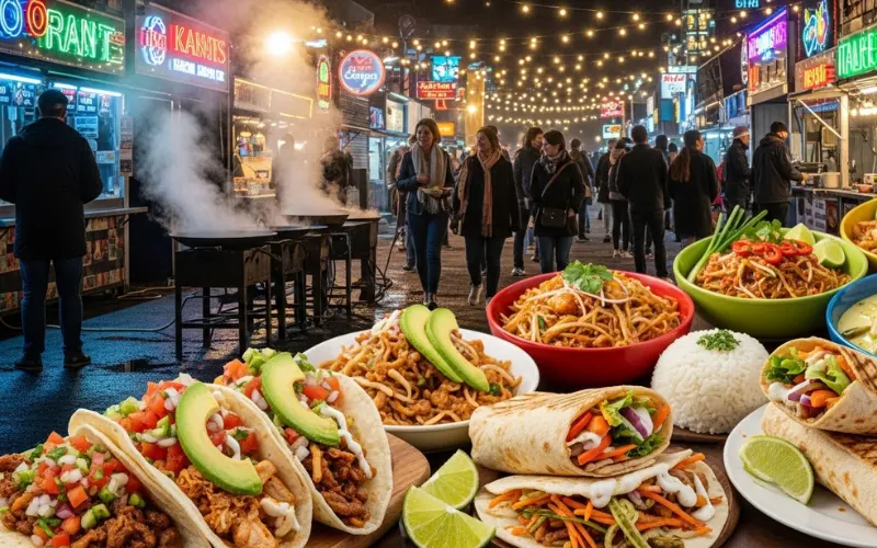 “International street food scene, tacos, shawarma, Thai food, diverse food collage, night market atmosphere”