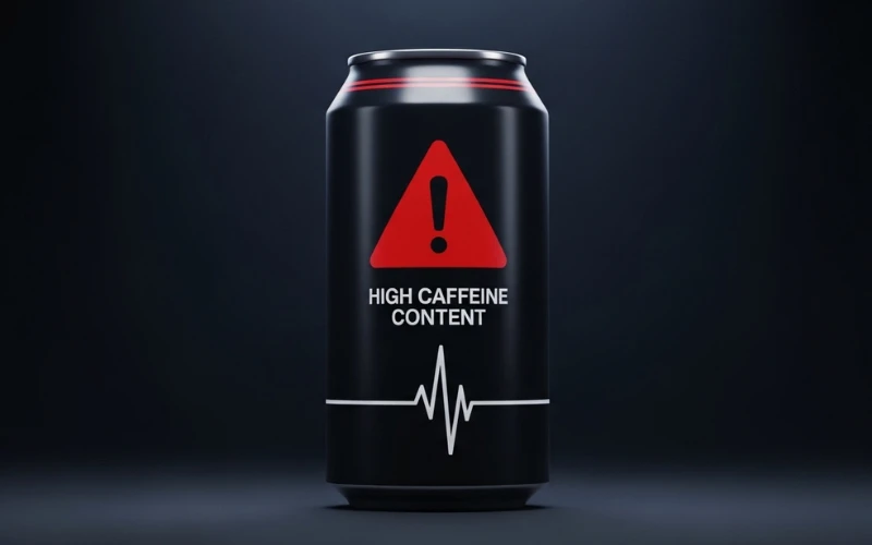 Energy drink can with high caffeine warning sign, heartbeat line icon, dark background