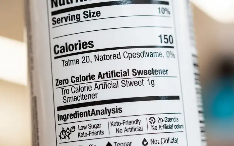Close-up of drink nutrition label with ingredients list, artificial sweetener concept
