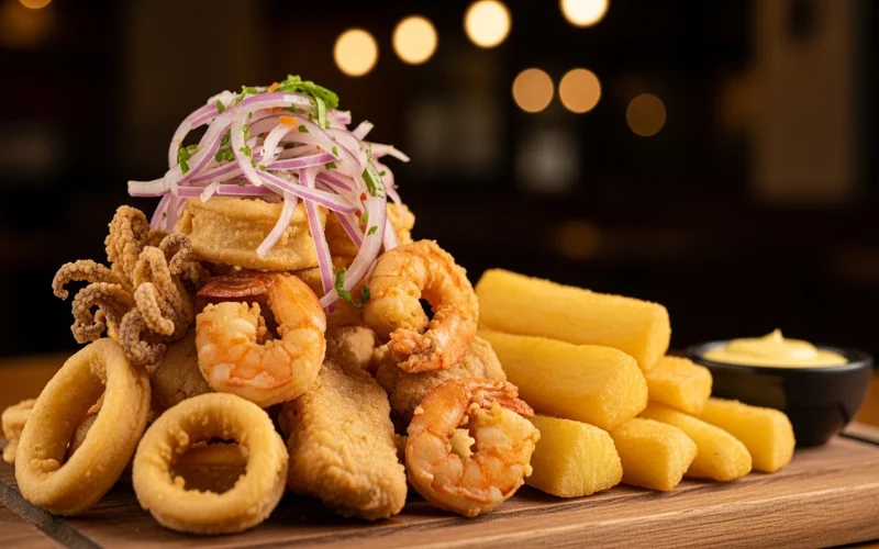Golden fried seafood mix with yuca and salsa criolla, crispy Peruvian seafood dish