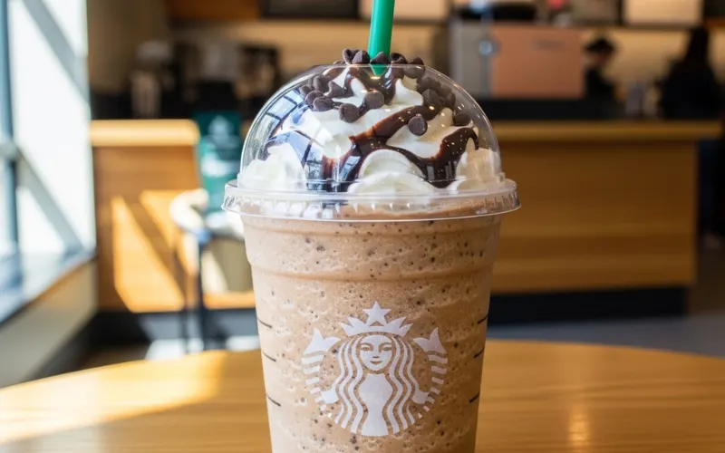 Starbucks Java Chip Frappuccino iced, mocha drizzle, chocolate chips, creamy frozen beverage.