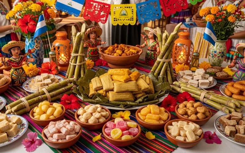 Traditional Nicaraguan celebration table with sweets, sugar cane