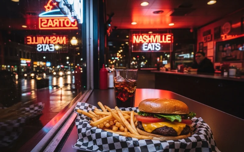 “Late night diner food, burgers and fries, neon lights, Nashville street at night, cinematic night photography”