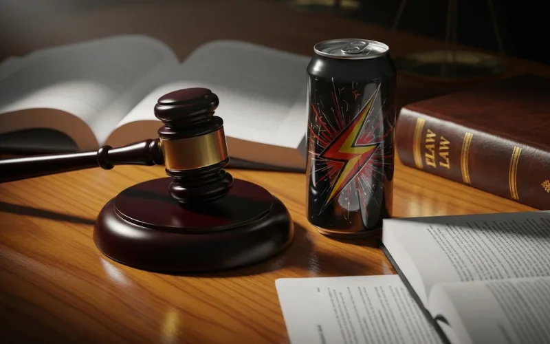 Courtroom gavel with energy drink can, legal concept