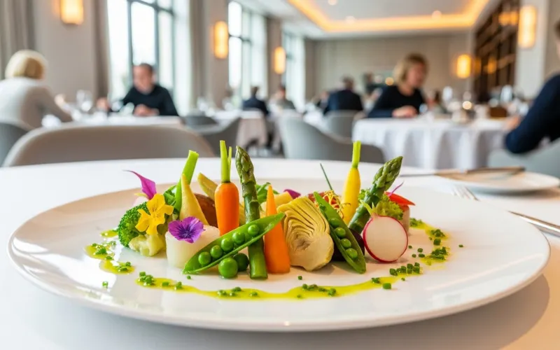 “French fine dining vegetable dish, elegant plating, bright modern restaurant interior”