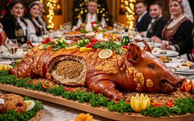 Whole roasted pig stuffed with rice, crispy skin, traditional celebration