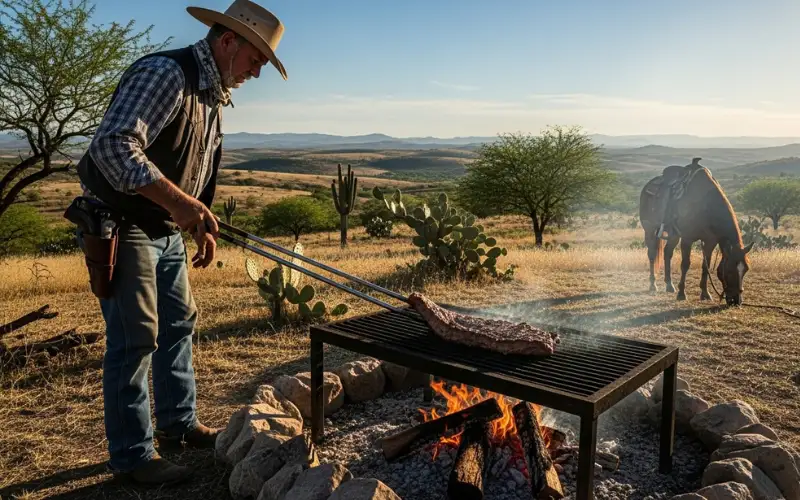 Cowboy-style outdoor meat grilling over fire, rural landscape