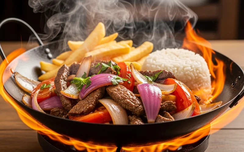 Beef stir fry with onions, tomatoes, soy sauce, fries and rice.