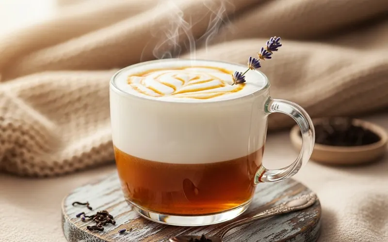 Starbucks London Fog Tea Latte hot, Earl Grey with steamed milk and vanilla, warm cozy tea setting, light background.