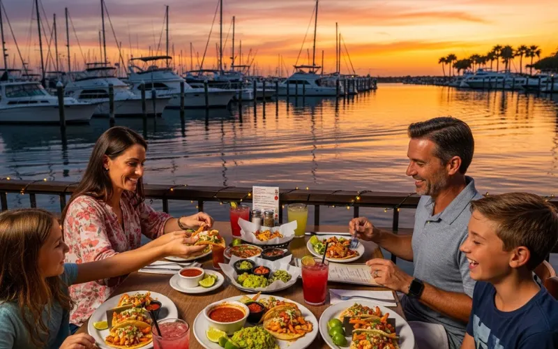 Waterfront restaurant, sunset, shrimp tacos, family dining, marina view