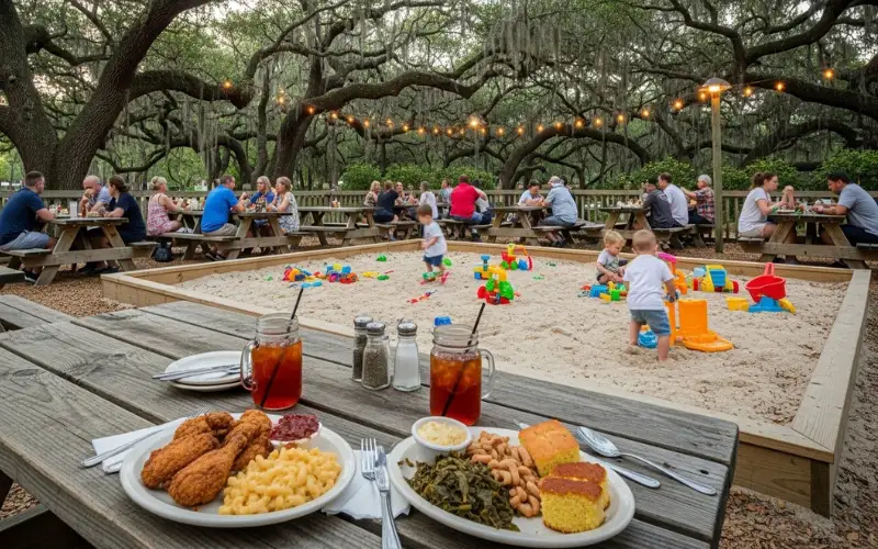 Family restaurant outdoor seating, kids sandbox play area, southern food plates