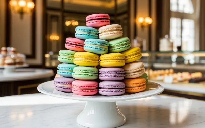 Colorful macarons stacked neatly, pastel tones, luxury patisserie style.