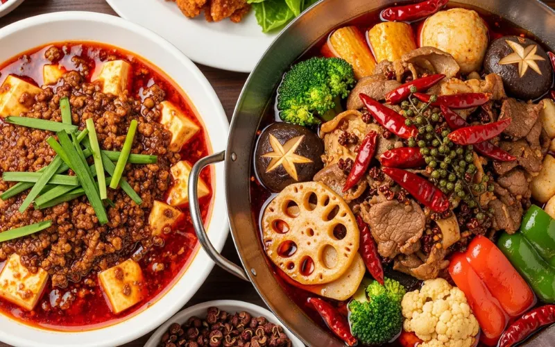 “Mapo tofu, Sichuan dry pot, spicy Chinese food, red chili oil”