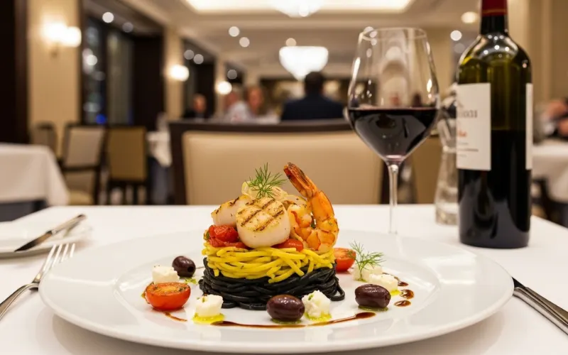“Fine dining Mediterranean pasta, artistic plating, luxury restaurant, wine pairing”