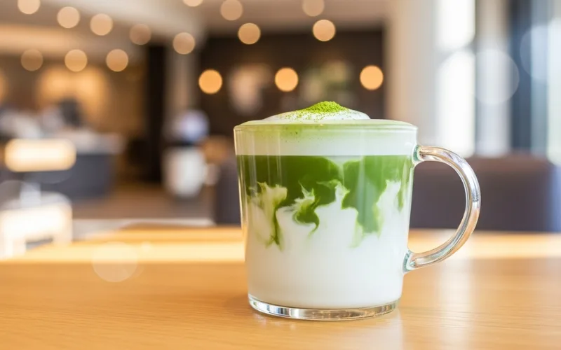 Starbucks Matcha Latte in clear cup, green powder mixed with milk, earthy, creamy, modern cafe vibes.
