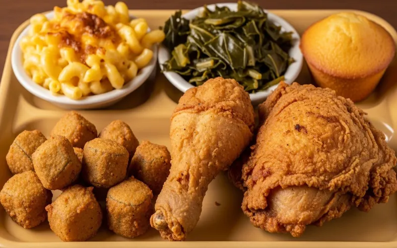 Southern meat and three plate, fried chicken